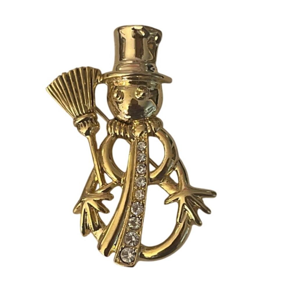 Sparkling Rhinestone Gold Tone Snowman Christmas Holiday Brooch - Collector Gift